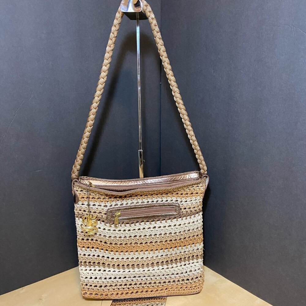 Luxy Crochet Stripe Shoulder Bag – Braided Strap, Neutral Boho Colors
